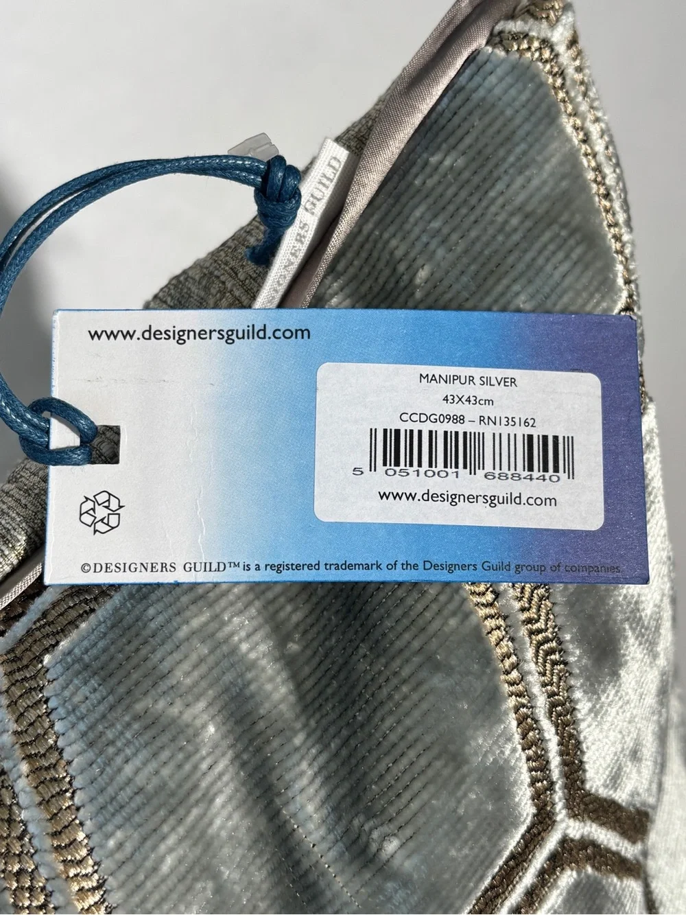 Designers Guild Hexagon Pattern “Manipur” Velvet Accent Pillow in Silver NWT